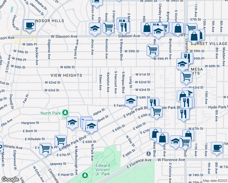 map of restaurants, bars, coffee shops, grocery stores, and more near 6311 South Harcourt Avenue in Los Angeles