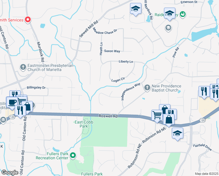 map of restaurants, bars, coffee shops, grocery stores, and more near 1308 Bucks Ford Place in Marietta