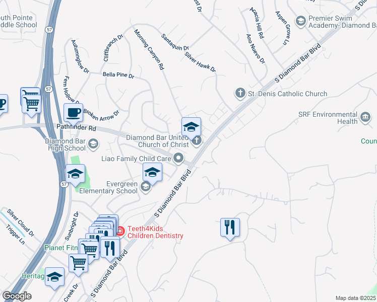 map of restaurants, bars, coffee shops, grocery stores, and more near 21755 Laurelrim Drive in Diamond Bar