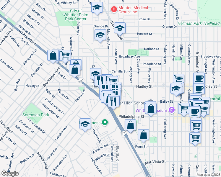 map of restaurants, bars, coffee shops, grocery stores, and more near 11805 Whittier Boulevard in Whittier