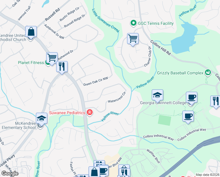 map of restaurants, bars, coffee shops, grocery stores, and more near 1884 Watercrest Circle in Lawrenceville