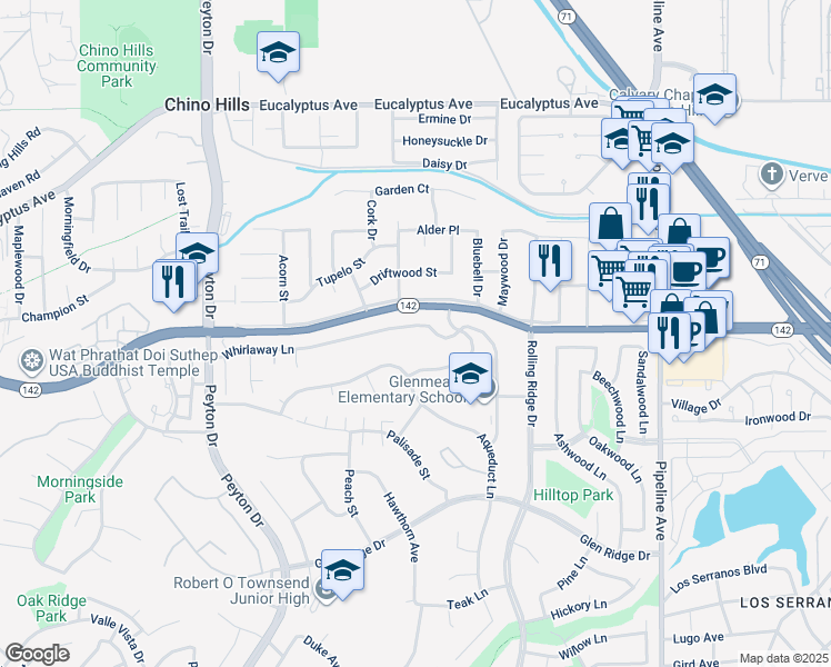 map of restaurants, bars, coffee shops, grocery stores, and more near 3661 Whirlaway Lane in Chino Hills