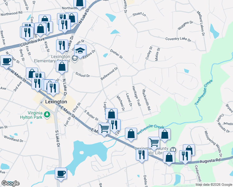 map of restaurants, bars, coffee shops, grocery stores, and more near 400 Laurel Drive in Lexington