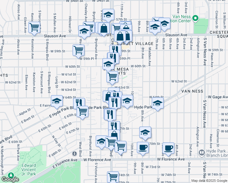 map of restaurants, bars, coffee shops, grocery stores, and more near 6312 Crenshaw Boulevard in Los Angeles