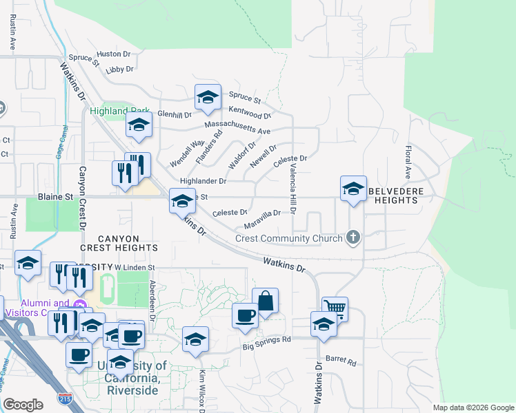 map of restaurants, bars, coffee shops, grocery stores, and more near 3321 Celeste Drive in Riverside