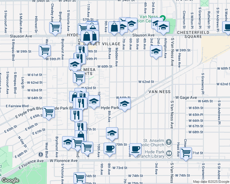 map of restaurants, bars, coffee shops, grocery stores, and more near 6315 Madden Avenue in Los Angeles