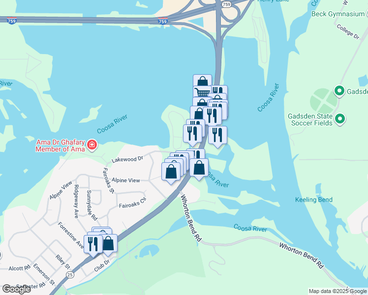 map of restaurants, bars, coffee shops, grocery stores, and more near 111 Lakepoint Dr in Gadsden