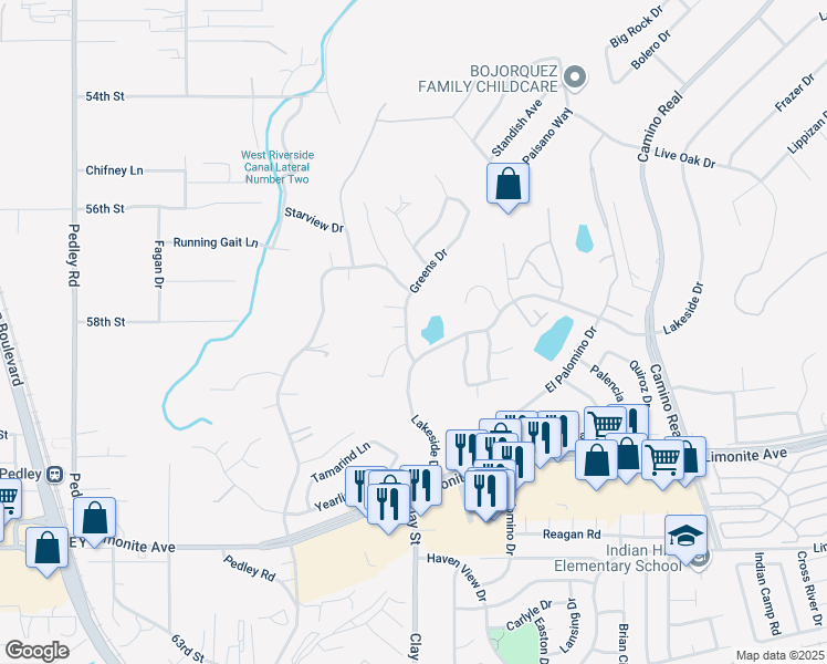 map of restaurants, bars, coffee shops, grocery stores, and more near 5820 Greens Drive in Riverside