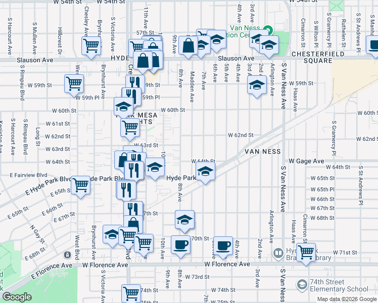 map of restaurants, bars, coffee shops, grocery stores, and more near 6315 Madden Avenue in Los Angeles