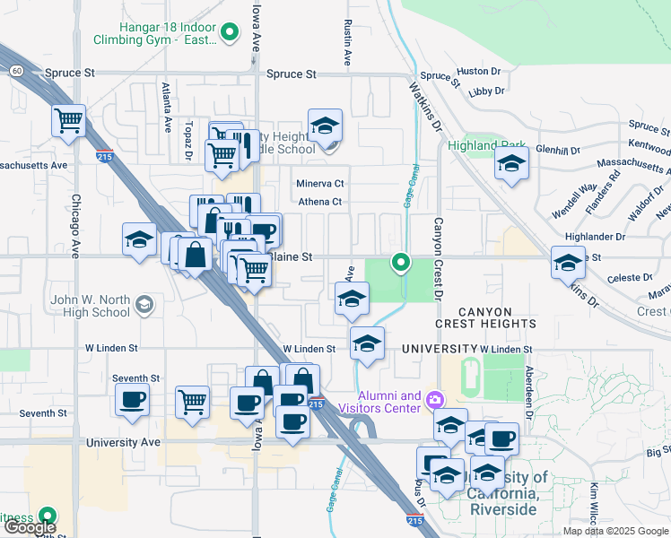 map of restaurants, bars, coffee shops, grocery stores, and more near 1130 West Blaine Street in Riverside