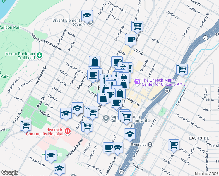 map of restaurants, bars, coffee shops, grocery stores, and more near in Riverside