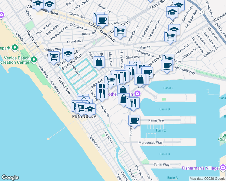 map of restaurants, bars, coffee shops, grocery stores, and more near in Los Angeles