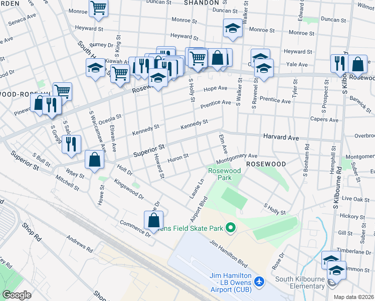 map of restaurants, bars, coffee shops, grocery stores, and more near 723 South Holly Street in Columbia