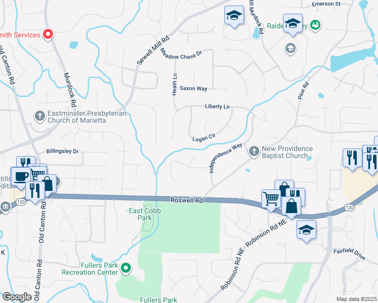 map of restaurants, bars, coffee shops, grocery stores, and more near 1308 Bucks Ford Place in Marietta