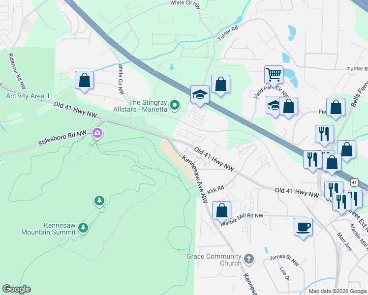 map of restaurants, bars, coffee shops, grocery stores, and more near 618 Parkside Village Drive in Marietta