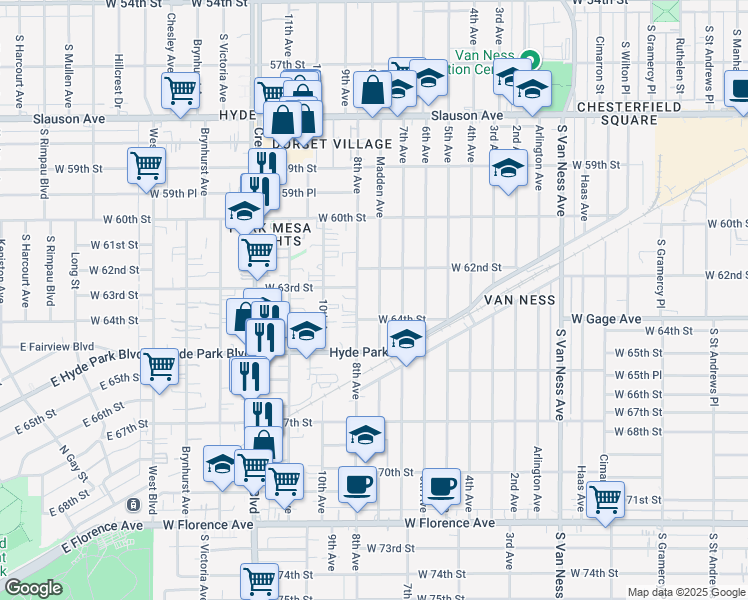 map of restaurants, bars, coffee shops, grocery stores, and more near 6315 Madden Avenue in Los Angeles
