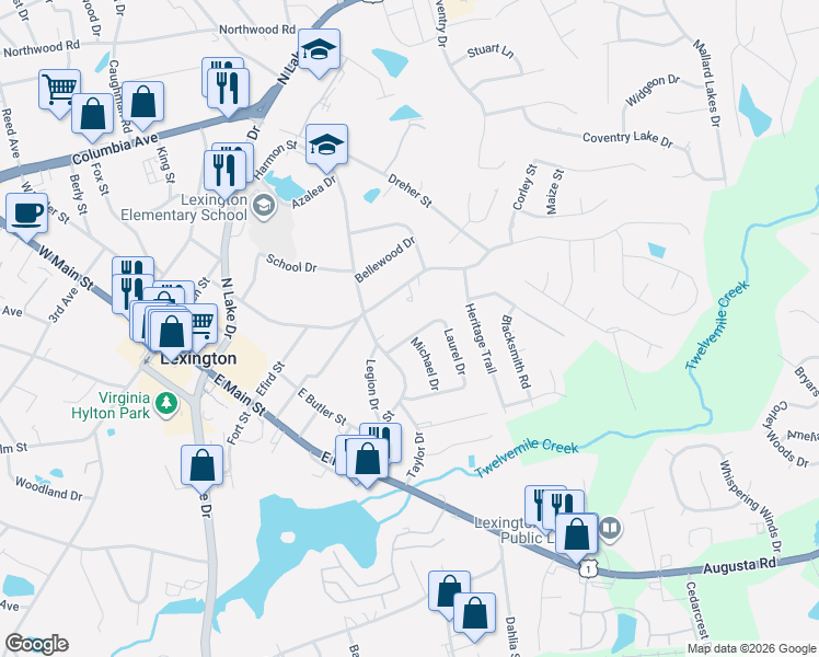 map of restaurants, bars, coffee shops, grocery stores, and more near 400 Laurel Drive in Lexington
