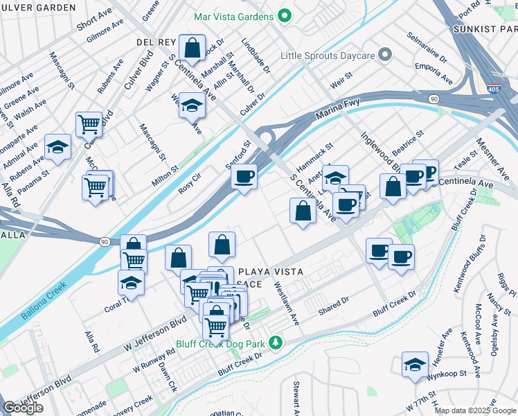 map of restaurants, bars, coffee shops, grocery stores, and more near 5401 Grosvenor Boulevard in Los Angeles