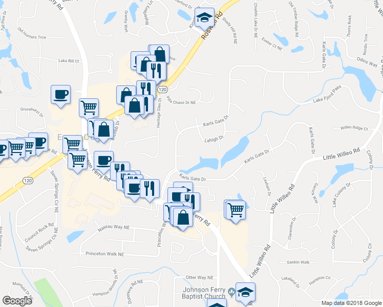 map of restaurants, bars, coffee shops, grocery stores, and more near 4537 Middlebury Court Northeast in Marietta