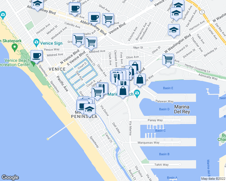 map of restaurants, bars, coffee shops, grocery stores, and more near in Los Angeles