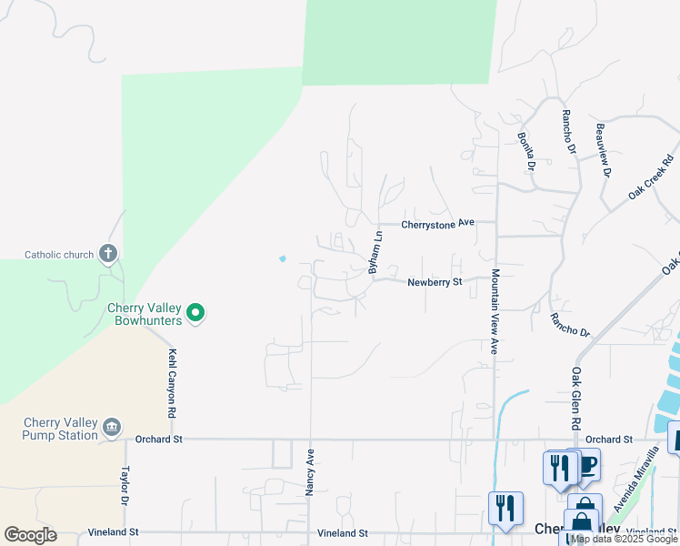 map of restaurants, bars, coffee shops, grocery stores, and more near 38536 Alva Drive in Cherry Valley