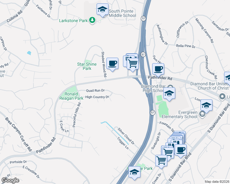 map of restaurants, bars, coffee shops, grocery stores, and more near 21009 Quail Run Drive in Walnut