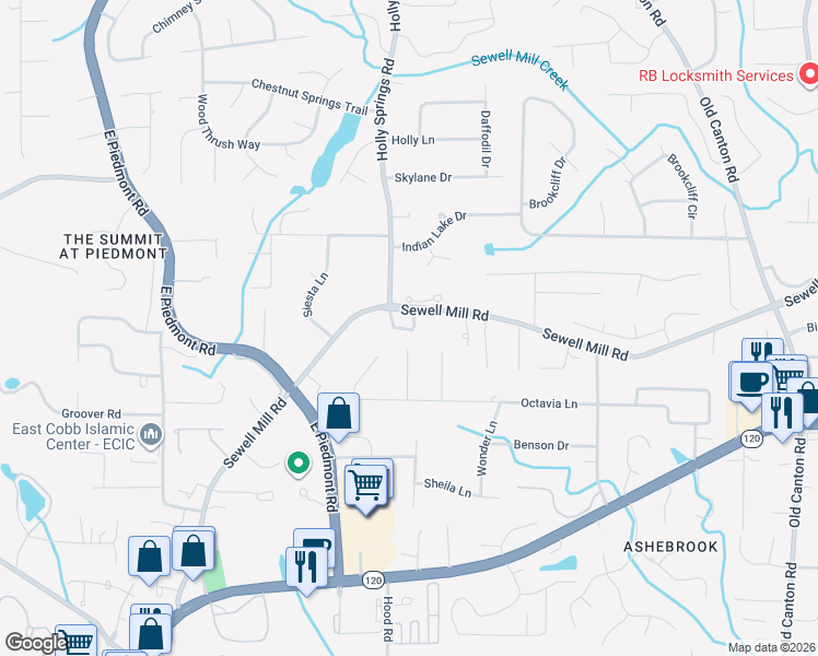 map of restaurants, bars, coffee shops, grocery stores, and more near 2600 Sewell Mill Road in Marietta