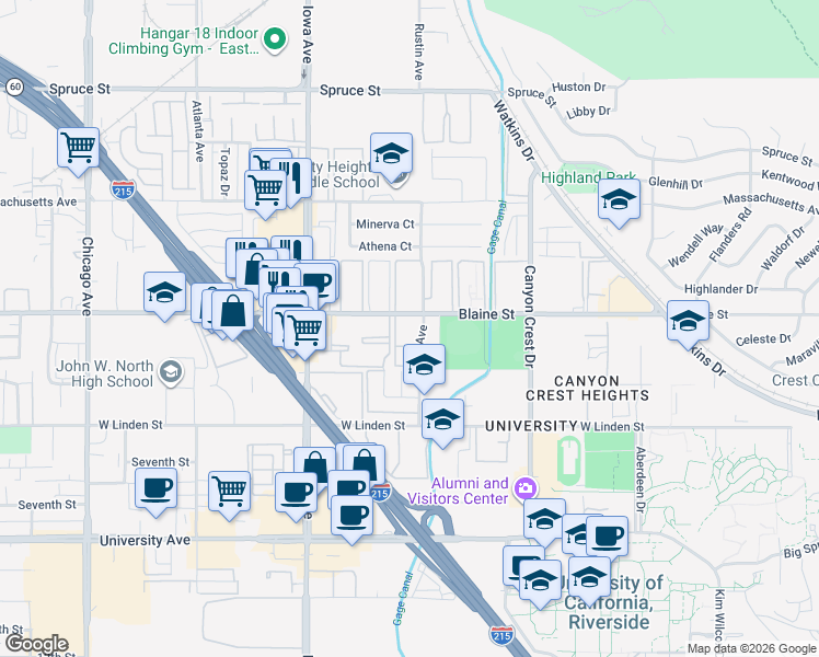 map of restaurants, bars, coffee shops, grocery stores, and more near 1110 West Blaine Street in Riverside