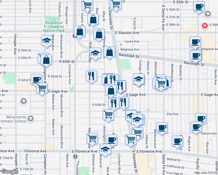 map of restaurants, bars, coffee shops, grocery stores, and more near 6300 Wilmington Avenue in Los Angeles