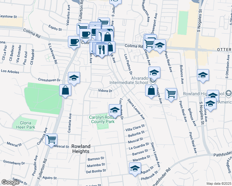 map of restaurants, bars, coffee shops, grocery stores, and more near 2033 Sierra Leone Avenue in Rowland Heights