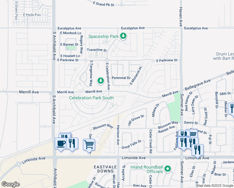 map of restaurants, bars, coffee shops, grocery stores, and more near 3137 East Chip Smith Way in Ontario