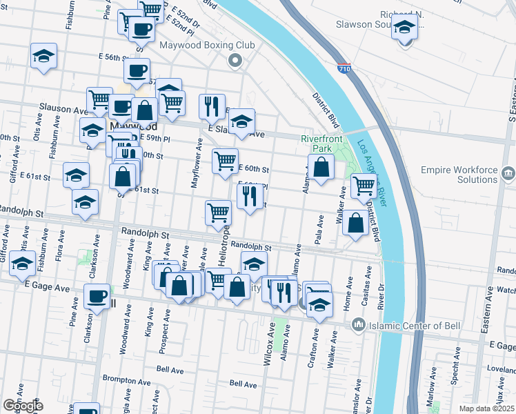 map of restaurants, bars, coffee shops, grocery stores, and more near 4864 East 61st Street in Maywood