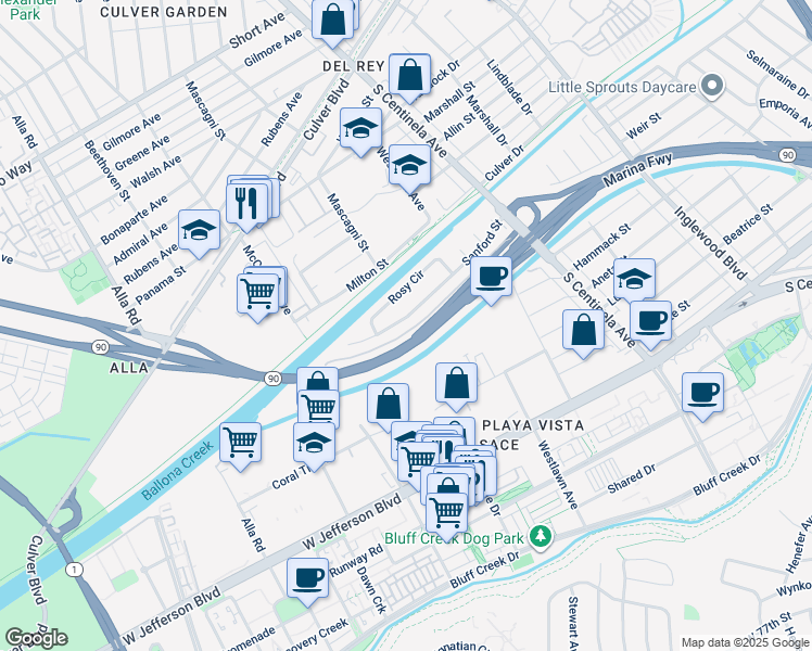 map of restaurants, bars, coffee shops, grocery stores, and more near 12590 Sanford Street in Los Angeles