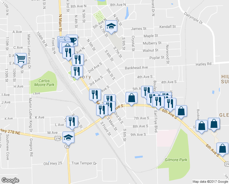 map of restaurants, bars, coffee shops, grocery stores, and more near 401 5th Avenue South in Amory