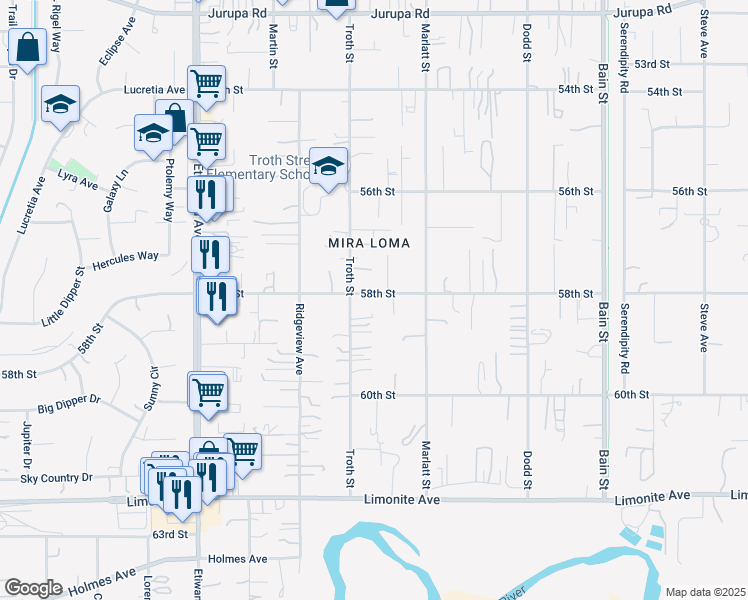 map of restaurants, bars, coffee shops, grocery stores, and more near 10570 58th Street in Jurupa Valley