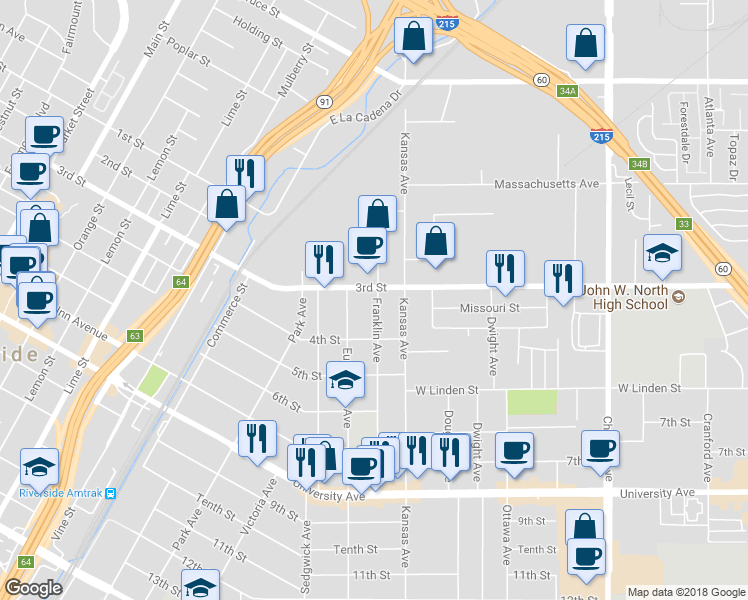 map of restaurants, bars, coffee shops, grocery stores, and more near 3323 Franklin Avenue in Riverside