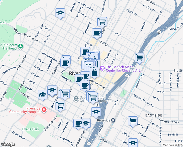 map of restaurants, bars, coffee shops, grocery stores, and more near 423 Mission Inn Avenue in Riverside