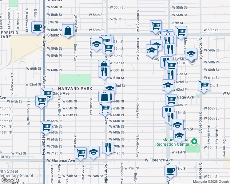 map of restaurants, bars, coffee shops, grocery stores, and more near 1327 West Gage Avenue in Los Angeles