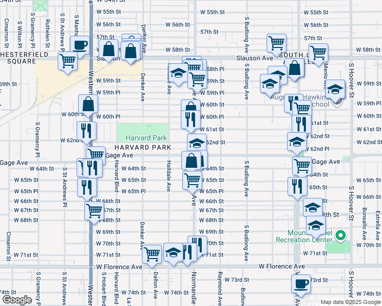 map of restaurants, bars, coffee shops, grocery stores, and more near 6223 Normandie Avenue in Los Angeles
