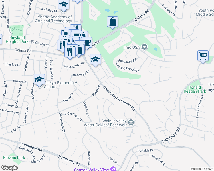 map of restaurants, bars, coffee shops, grocery stores, and more near 2021 Dacian Drive South in Walnut