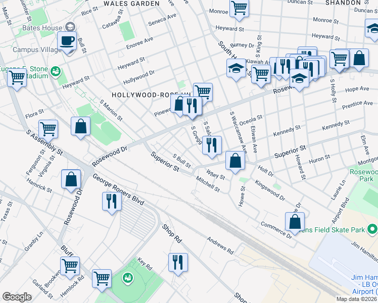 map of restaurants, bars, coffee shops, grocery stores, and more near 450 South Pickens Street in Columbia