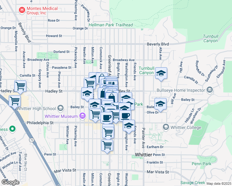 map of restaurants, bars, coffee shops, grocery stores, and more near 13022 Hadley Street in Whittier