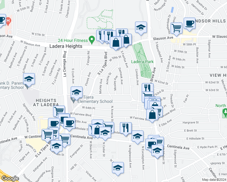 map of restaurants, bars, coffee shops, grocery stores, and more near 6285 Mosley Avenue in Los Angeles