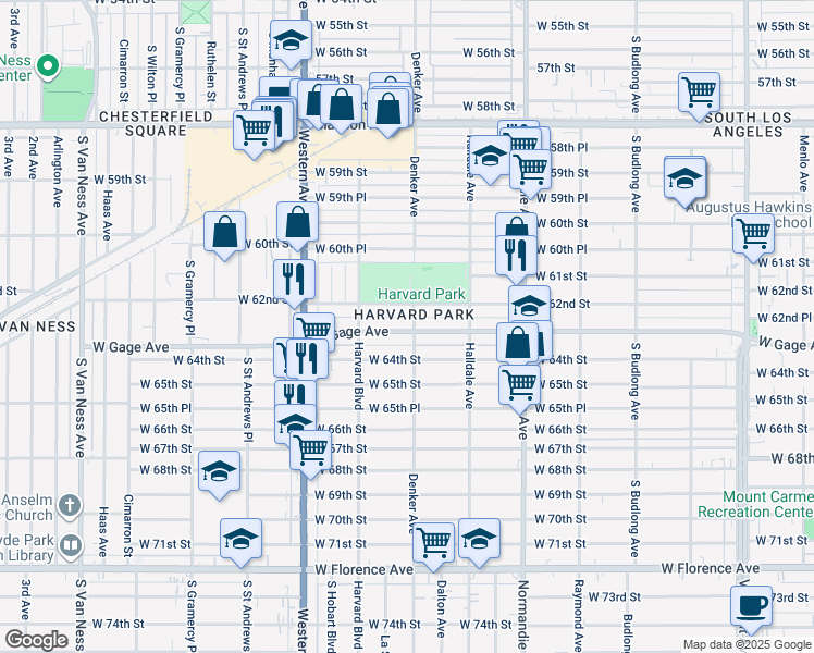 map of restaurants, bars, coffee shops, grocery stores, and more near 1607 West Gage Avenue in Los Angeles