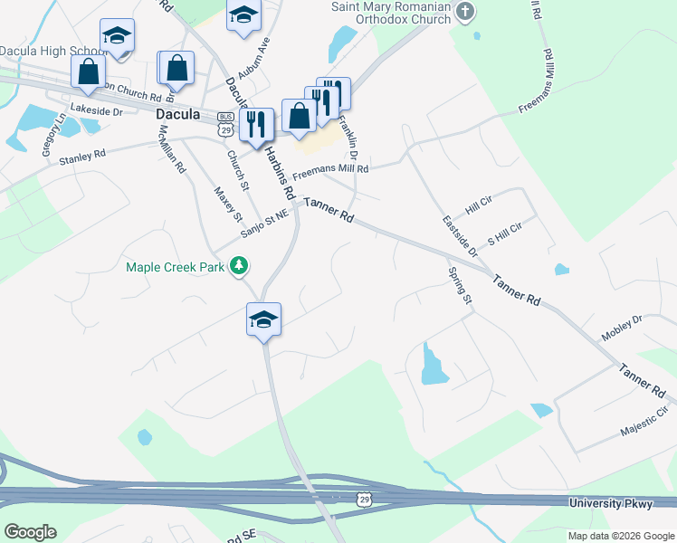 map of restaurants, bars, coffee shops, grocery stores, and more near 2615 Dacula Ridge Drive in Dacula