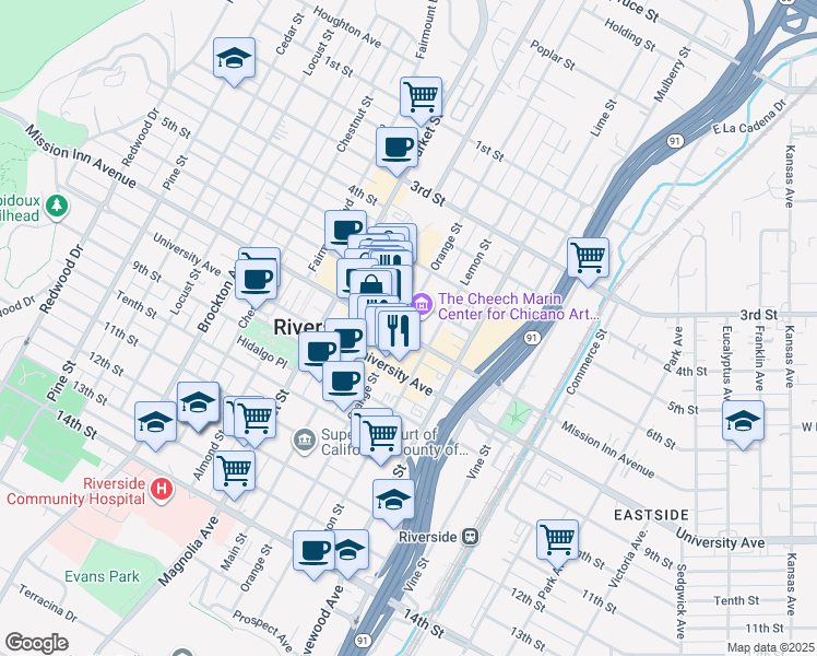 map of restaurants, bars, coffee shops, grocery stores, and more near 456 Mission Inn Avenue in Riverside