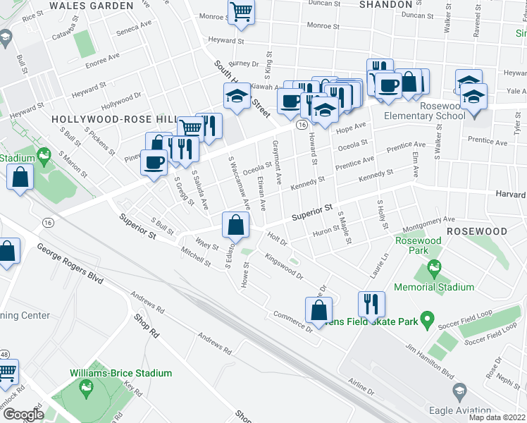 map of restaurants, bars, coffee shops, grocery stores, and more near 619 Etiwan Avenue in Columbia