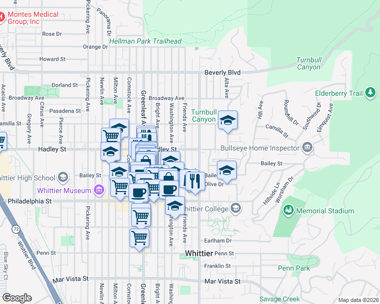 map of restaurants, bars, coffee shops, grocery stores, and more near 13310 Hadley Street in Whittier