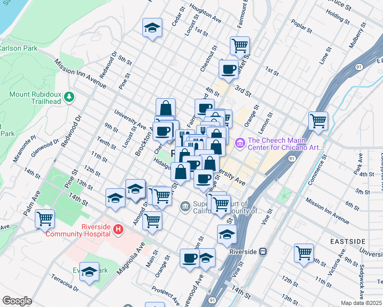 map of restaurants, bars, coffee shops, grocery stores, and more near 6707 Rycroft Drive in Riverside