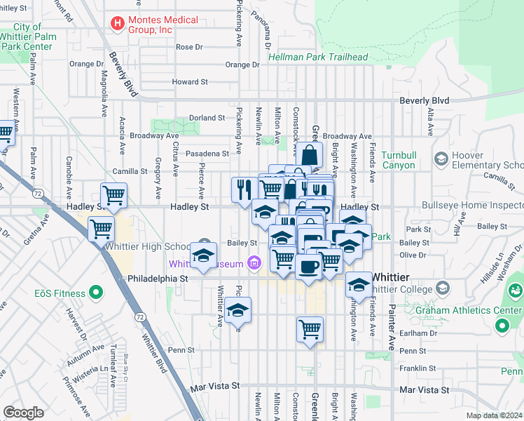 map of restaurants, bars, coffee shops, grocery stores, and more near 12708 Hadley Street in Whittier